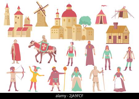 Mittelalterliches Königreich mit flachen isolierten Ikonen von alten Stadtgebäuden und Märchen menschlichen Figuren Vektor-Illustration Stock Vektor