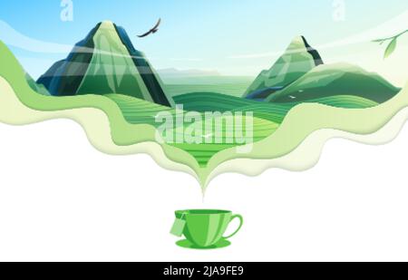 Grüne Tasse Tee und Dampf bilden schöne Landschaft mit Talbergen und fliegenden Vogel realistische Komposition Vektor Illustration Stock Vektor