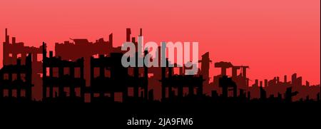 Die Stadt ist ruiniert. Roter nebliger Horizont. Apokalypse Natur oder Krieg. Traurige Landschaft der Zerstörung. Vektor. Stock Vektor