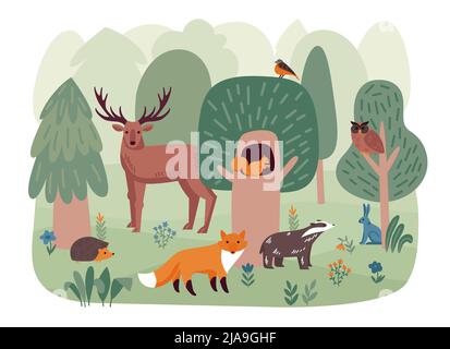 Waldtiere Zusammensetzung mit Outdoor-Landschaft Bäume mit Nebel und Blumen mit Vögeln und Tieren Vektor-Illustration bedeckt Stock Vektor
