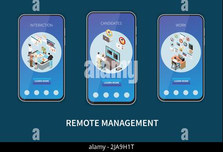 Remote-Management-Interaktion Job Kandidaten Fernarbeit isometrische Reihe von Bannern Smartphone-Vorlagen isoliert 3D Vektor-Illustration Stock Vektor