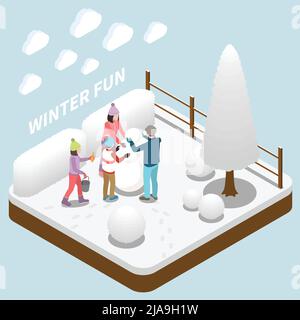 Familie mit zwei Kindern machen Schneemann während der Winterferien isometrische 3D Vektor-Illustration Stock Vektor