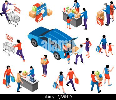 Shopping isometrische Reihe von Erwachsenen und Kindern Zeichen kommen zum Verkauf isoliert Vektor-Illustration zu speichern Stock Vektor