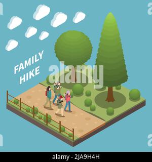 Familienferien Komposition mit Eltern und Kindern Wandern im Wald auf farbigem Hintergrund mit Wolken 3D isometrische Vektor-Illustration Stock Vektor