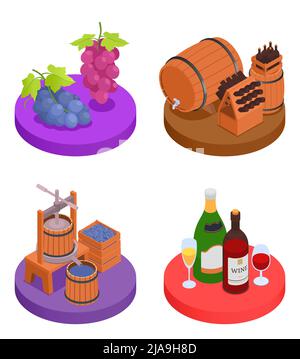 Isometrische 2x2 Weinproduktion Set mit Holzfässern Regale Brecher Trauben und Flaschen 3D isolierte Vektor-Illustration Stock Vektor