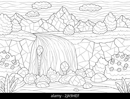 Wasserfall Färbung Berg Fluss Grafik schwarz weiß Landschaft Skizze Illustration Vektor Stock Vektor
