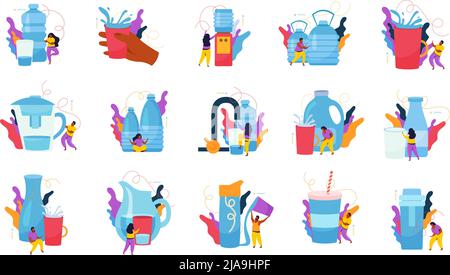 Trinkwasser flaches Symbol Set sauberes Trinkwasser in Flaschen verschiedener Größen in der Kühler-Glas- und Tumbler-Vektorgrafik Stock Vektor