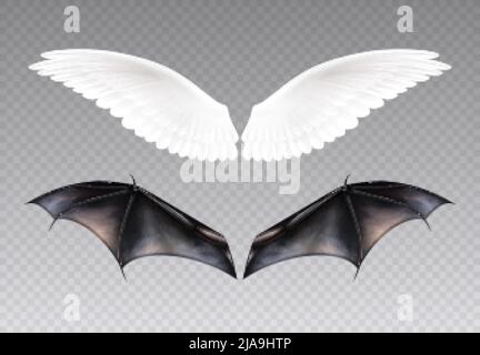 Set mit isolierten Dämonenflügeln und Engelsflügeln realistische Bilder mit Haut und Federn auf transparentem Hintergrund Vektorgrafik Stock Vektor