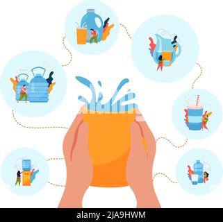 Trinken Wasser flaches Konzept Glas Wasser in der Hand und seine Verbindung mit Wasser aus kühleren Flaschen Durst zu löschen und halten den Körper gesund Vektor il Stock Vektor