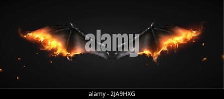 Fledermaus Dämon Drachen Flügel Feuer realistische Zusammensetzung mit brennenden Flügeln und fliegenden Teilchen auf schwarzem Hintergrund Vektor-Illustration Stock Vektor