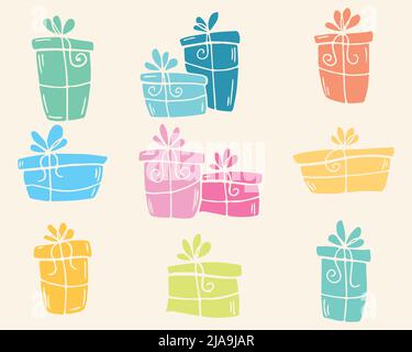 Set aus handgezeichneten Geschenkboxen mit Kritzelvektoren und Schleifen in zarten Pastelltönen. Skizzenabbildung. Elemente für Karten, Designs, Abzüge Stock Vektor