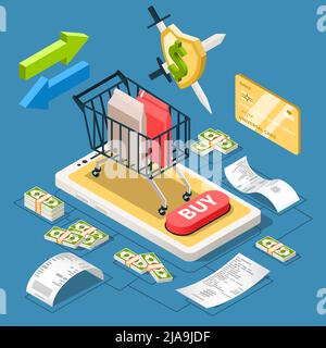 Kaufbeleg Online-Shopping isometrische Zusammensetzung mit Piktogrammen und kaufte Waren in Trolley-Warenkorb auf Smartphone-Vektor-Illustration Stock Vektor