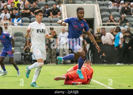 San Jose Erdbeben-Stürmer Jeremy Ebobisse (11) reagiert nach einem Tor während eines MLS-Spiels gegen den FC Los Angeles, Samstag, 28. Mai 2022, A Stockfoto