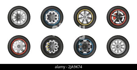 Vorderansicht der Autoräder mit verschiedenen Scheiben realistisch auf weißem Hintergrund isoliert Vektor-Illustration gesetzt Stock Vektor