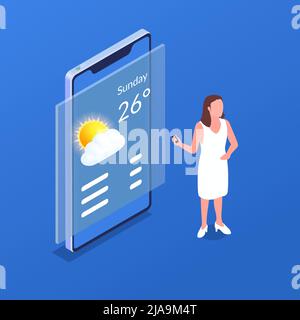 Online-Wettervorhersage auf dem Smartphone-Bildschirm isometrische Zusammensetzung mit weiblichen Charakter des Moderators auf blauem Hintergrund 3D Vektor-Illustration Stock Vektor