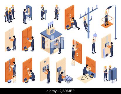 Techniker, die elektrische Arbeiten im Freien und in Innenräumen durchführen, setzen isometrische 3D Symbole isoliert auf weißem Hintergrund Vektorgrafik Stock Vektor