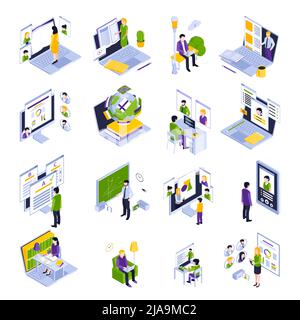Online-Bildung und Fernunterricht isometrischen Satz von Symbolen mit Menschen, die auf Computern Lehrer aufzeichnen ihre Vorlesungen isoliert 3D Vektor i Stock Vektor