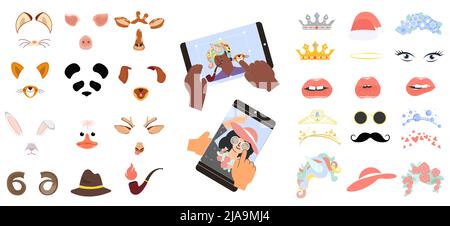 Foto Selfie Filter Set von flachen isolierten Cartoon Gesicht Masken Ohren Hüte und Lippen mit Smartphones Vektor Illustration Stock Vektor