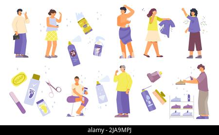 Deodorant Antitranspirant-Set mit flachen Symbolen von Kosmetikprodukten Make-up-Geräte und menschliche Charaktere Sprühen Kleidung Vektor-Illustration Stock Vektor