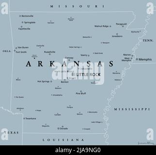 Arkansas, AR, graue politische Karte, mit der Hauptstadt Little Rock und großen, wichtigen Städten. Binnenstaat im Süden der Vereinigten Staaten. Stockfoto