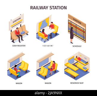 Bahnhof Design-Konzept Satz von Kasse Zeitplan reservierten Sitz Wagen Restaurant isoliert Kompositionen isometrische Vektor Illustration Stock Vektor