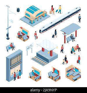 Eisenbahn isometrische Symbole Satz von Bahnhof Gebäude Zeitplan Bord moderne Hochgeschwindigkeitszug isolierte Symbole 3D Vektor-Illustration Stock Vektor