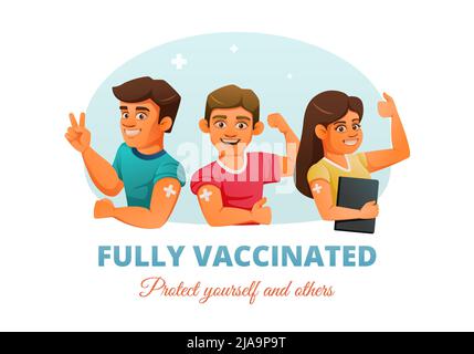 Impfung Herde Immunität Cartoon Poster mit fröhlichen geschützten geimpften Menschen und Text-Vektor-Illustration Stock Vektor