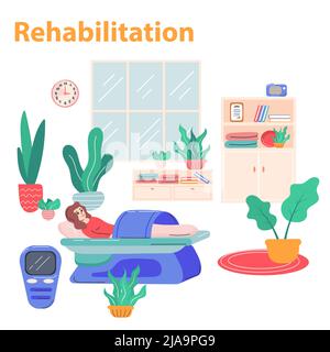 Physiotherapie und Rehabilitation Komposition mit Pflege und Ausübung Symbole flache Vektor-Illustration Stock Vektor