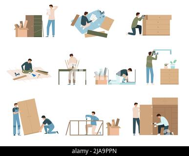 Möbel Montage flache Reihe von isolierten Symbolen mit Zeichen der arbeitenden Menschen mit Linealen und Werkzeugen Vektor-Illustration Stock Vektor