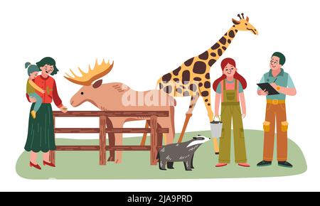 Zwei Tierpfleger und glückliche Zoobesucher füttern Tiere Elchgiraffe und Waschbär flache Vektor-Illustration Stock Vektor