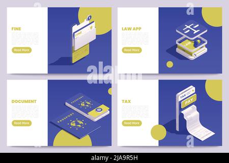 Landing Pages für digitale Regierungsbehörden mit isometrischen elektronischen Dokumentsymbolen und isolierten Vektorgrafiken Stock Vektor