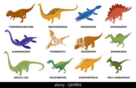 Isometrische Dinosaurier Farbe Tiere mit isolierten Symbolen von farbigen prähistorischen Reptilien mit editierbaren Textunterschriften Vektordarstellung gesetzt Stock Vektor