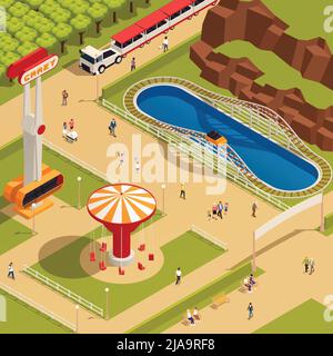 Vergnügungspark isometrische Zusammensetzung mit Outdoor-Unterhaltung Vektor Illustration Stock Vektor