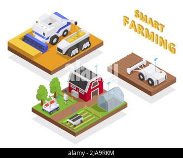 Agrarautomatisierung und intelligente Landwirtschaft isometrische Kompositionen setzen isolierte Vektor-Illustration Stock Vektor