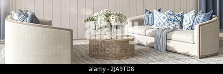 Wohnzimmer im Küstendesign. Weiße Wand im gemütlichen Innenhintergrund. Hampton Style 3D Rendering Illustration. Stockfoto