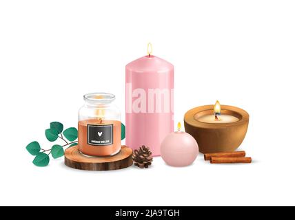 Realistische brennende handgemachte Duftkerzen mit Pinienkegel Zimt Sticks grüne Blätter für Home Dekoration Vektor Illustration Stock Vektor