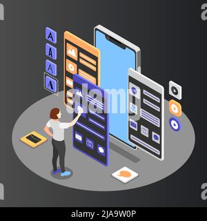 Weibliche Designerin arbeitet an User Interface Design der mobilen Anwendung isometrischen Hintergrund 3D Vektor-Illustration Stock Vektor