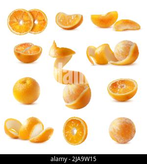 Realistische Satz von ganzen geschnitten und geschält frisch reifen Orangen mit Haut isoliert auf weißem Hintergrund Vektor-Illustration Stock Vektor