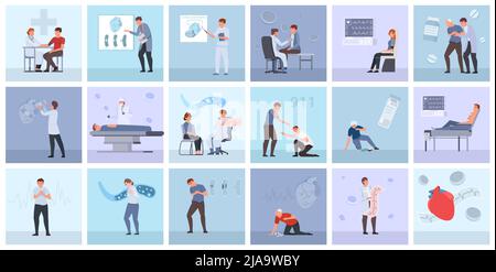 Set mit quadratischen, isolierten Kompositionen für kardiovaskuläre Erkrankungen mit flachen menschlichen Schriftzeichen, die verschiedene Vektordarstellungen für Krankheitssymptome zeigen Stock Vektor