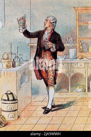 Antoine Laurent Lavoisier (1743-1794), chimiste francais, dans son laboratoire avec une fiole de mercure. Stockfoto