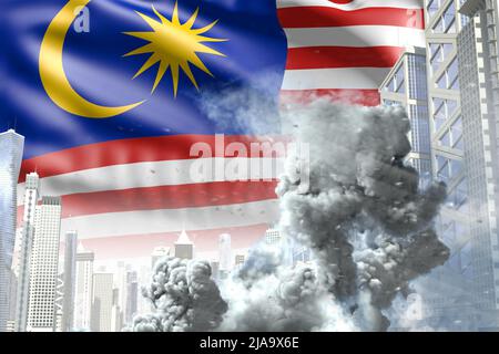 Große Rauchsäule in der modernen Stadt - Konzept der industriellen Explosion oder Akt des Terrors auf Malaysia Flagge Hintergrund, Industrie 3D Illustration Stockfoto