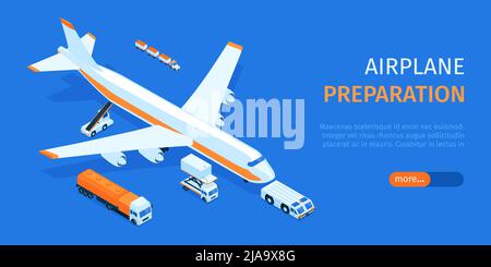 Isometrische Flughafen Transport horizontalen Banner mit Flugzeug umgeben von Lastwagen Autos mit Text und mehr Schaltfläche Vektor-Illustration Stock Vektor