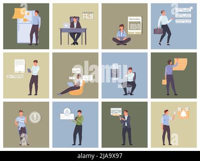 Erinnerung Menschen Satz von quadratischen Kompositionen mit Zeichen von Geschäftsmitarbeitern mit Alarm Piktogramme und Papierkram Vektor Illustration Stock Vektor