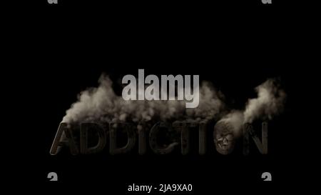 Text sucht mit Schädelrauchen auf schwarzem Hintergrund, isoliert - Objekt 3D Illustration Stockfoto