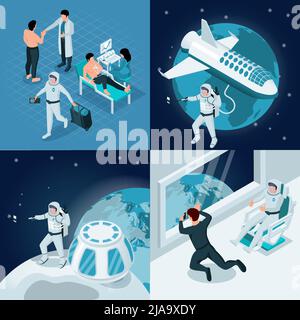 Set mit 2x2 isometrischen Kompositionen für den Weltraumtourismus mit Ansichten von Weltraumstationen und Vektordarstellung zur Gesundheitsuntersuchung Stock Vektor