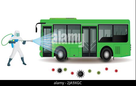 Fahrzeug desinfizieren und desinfizieren Dienstleistungen. Bus desinfizieren für covid 19 Krankheit mit ordnungsgemäßer Wartung. Vector Illustration Bus Desinfektionsmittel. Stock Vektor