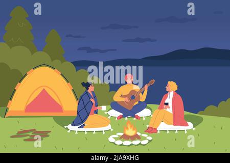 Camping flache Farbe Hintergrund mit Menschen sitzen am Abend um Lagerfeuer mit Gitarre Vektor Illustration Stock Vektor