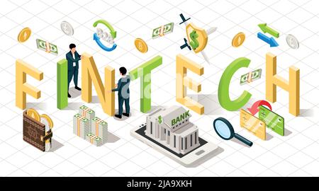 FinTech isometrische Komposition mit 3D Text, umgeben von isolierten Bankbargeldsymbolen und Zahlungssymbolen mit Personen-Vektor-Illustration Stock Vektor