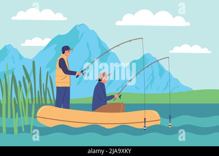 Angeln flache Farbe Hintergrund mit zwei Fischern in aufblasbaren Boot hält Fischerei Tackles für den Fang Flussfisch Vektor-Illustration Stock Vektor