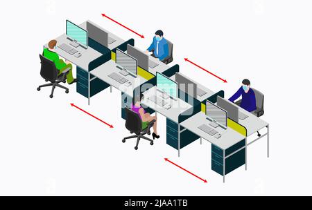 Soziale Distanzierung am Arbeitsplatz im Büro. Die Mitarbeiter arbeiten am Schreibtisch zusammen, um den Abstand für das Covid-19-Virus zu wahren. Vektordarstellung von w Stock Vektor